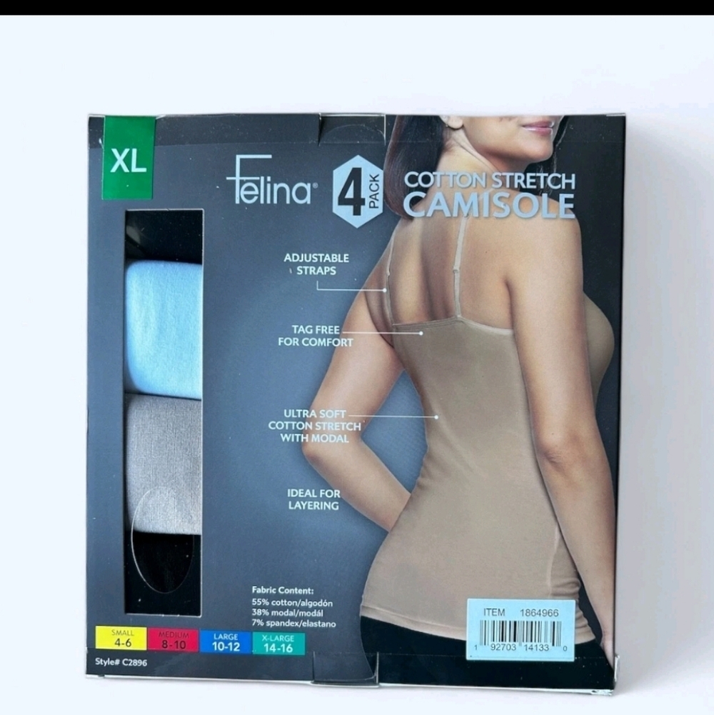 BRAND NEW Felina 4 Pack Cotton Stretch Camisole Tank Tops - Women’s Size XL